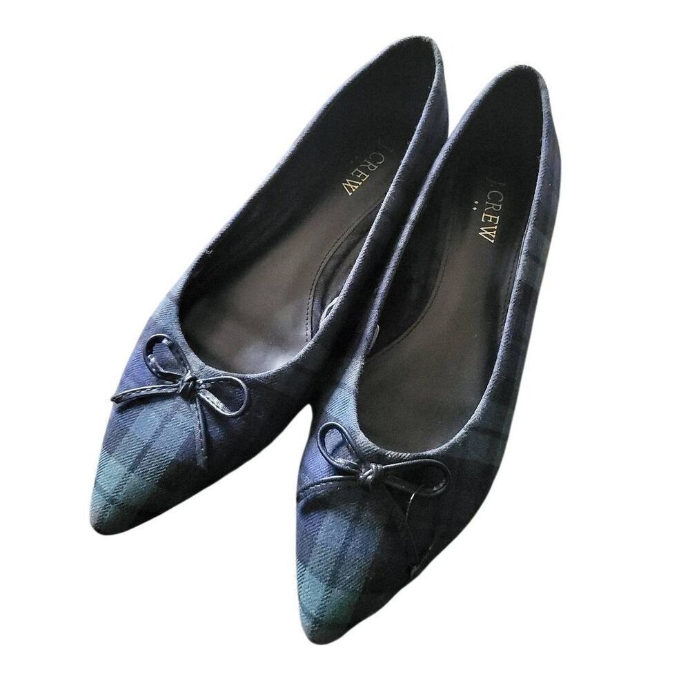 J. Crew Flats Women's 7 Green Blue Tartan Plaid Pointed Toe Ballet Bow Preppy